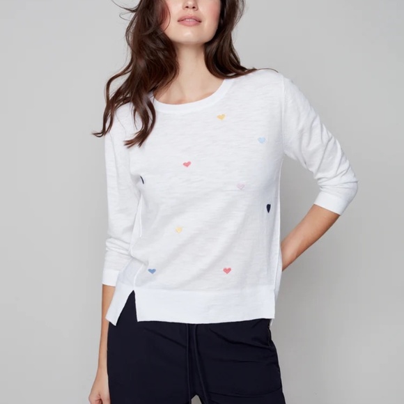 Like New |•CHARLIE B•| White Hearts Sweater Heart Patch Elbows Size Small - Picture 1 of 7